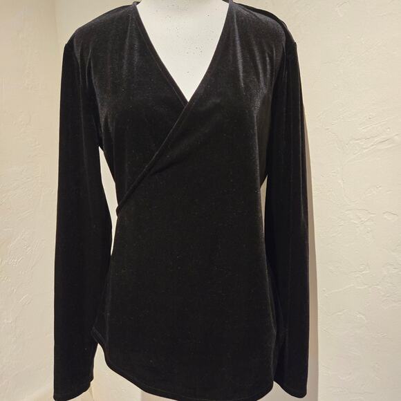Sundance Morgan Black Velvet Faux Wrap Surplice Long Sleeve Blouse Top, Sz MED - Picture 2 of 6